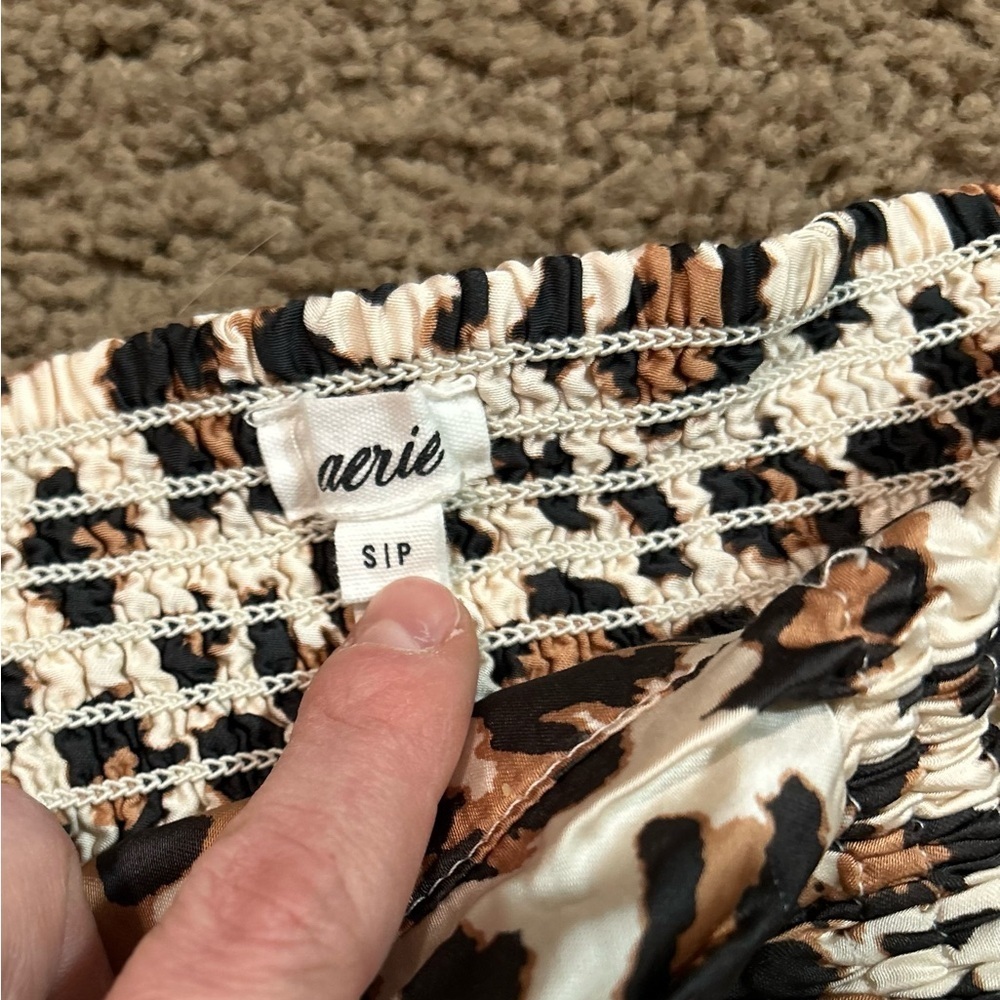 Aerie Leopard Print Mini Skirt Silky Feel Smocked Waist Tie Front Women’s Size S - Picture 5 of 6